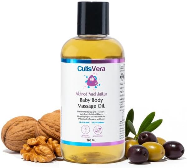 CutisVera Baby Body Massage Oil with Akhrot & Jaitun (Walnut & Olive Oil) | Ayurvedic Herbal Oil for Baby Massage | Nourishes Skin, Supports Muscle & Bone Growth | No Paraben, No Phthalates | 200 ml
