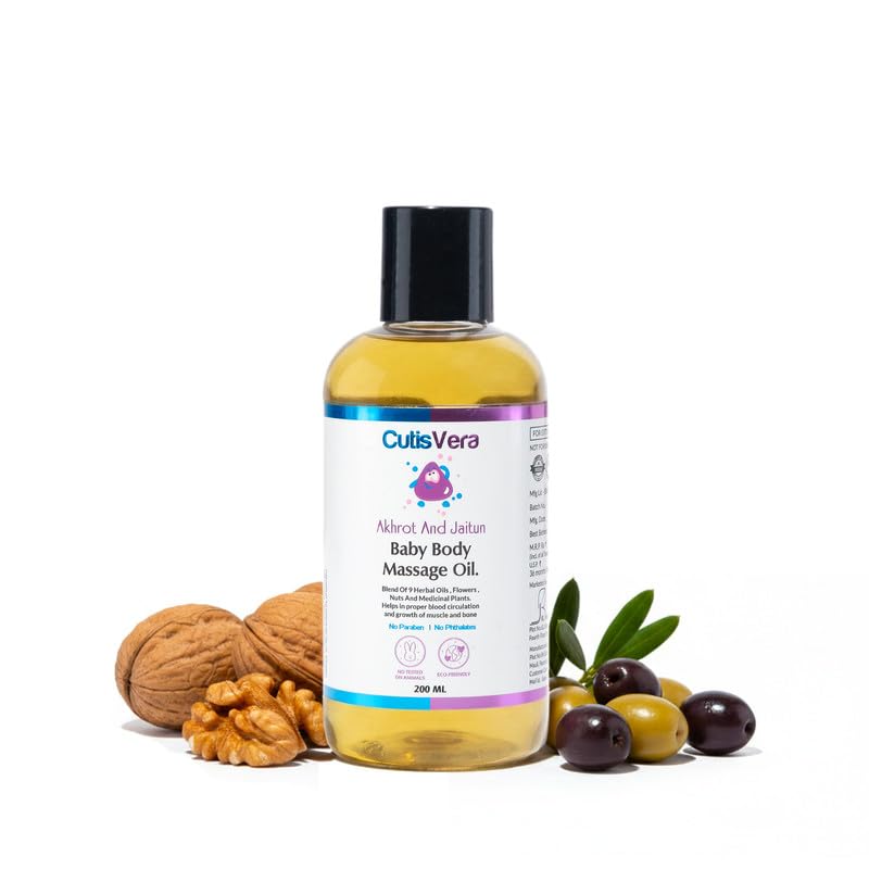CutisVera Baby Body Massage Oil with Akhrot & Jaitun (Walnut & Olive Oil) | Ayurvedic Herbal Oil for Baby Massage | Nourishes Skin, Supports Muscle & Bone Growth | No Paraben, No Phthalates | 200 ml