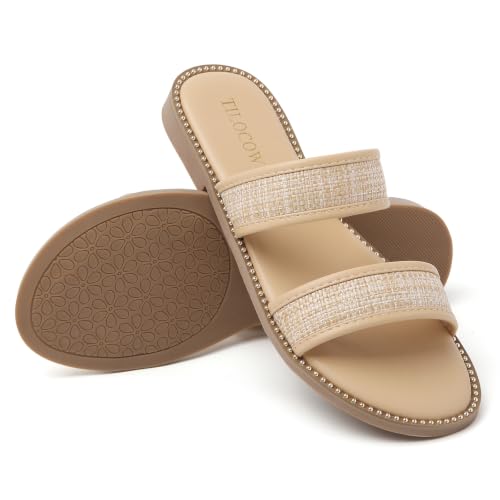Image of Tilocow Women's Flat Sandals Two Strap Summer Dressy Studded Slide Sandals Open Toe Cute Casual Slip on Comfort Shoes for Beach Travel Daily Wear