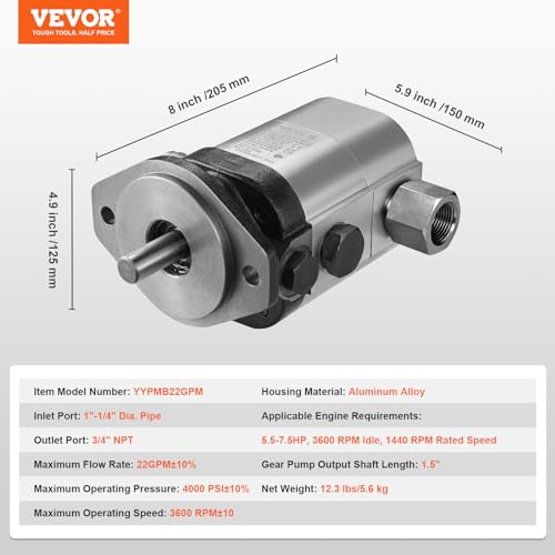VEVOR Hydraulic Log Splitter Pump, 22GPM, 2 Stage 4000PSI Wood Log Splitter Pump, 1'' Inlet 3/4'' NPT Outlet 3600 RPM Aluminum Hydraulic Gear Pump, for Small Engine Mounting Log Splitters Snowplow by VEVOR - Image 7