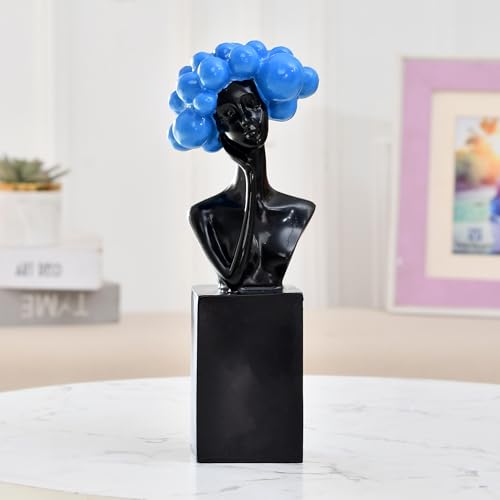 Image of Xtore Artistic Blue Sphere Bust Sculpture | Modern Black Resin Decor | Contemporary Woman Figurine | Abstract Home Accent | Luxury Art Piece for Living Room, Dining Room, or Entryway