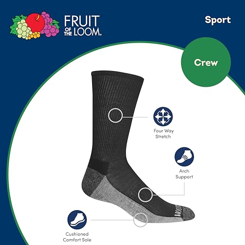 Fruit of the Loom Men's Essential 6 Pair Pack Casual Socks with Cushion and Arch Support3