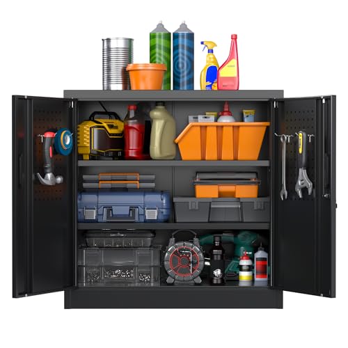 Image of Aobabo 31.5" H Garage Storage Cabinet with 2 Shelves, Metal Cabinet with Lock and 4 Hooks for Home Office Garage, Black, Assembly Required