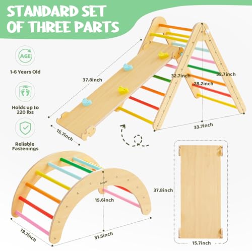 Image of Beright 5 In1 Pikler Triangle Gym, Foldable Climbing Triangle Ladder Toys with Ramp, Indoor Climbing Toys for Kids, Play Gym, Arch Climber, Rocker, Learning Waldorf Children Toy Structure, Rainbow