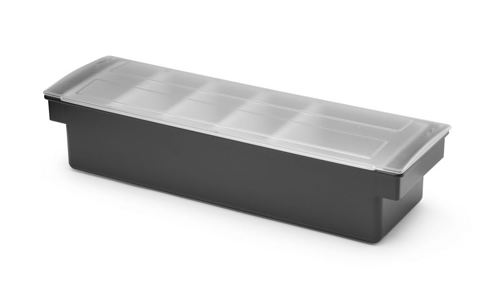 HENDI Portacondimentos de Bar, Bandeja de Guarniciones para Cócteles BarUp, Caja Organizadora con Tapa Transparente, 5 Contenedores de Polipropileno, 480x150x(H) 100mm, HIPS, Negro