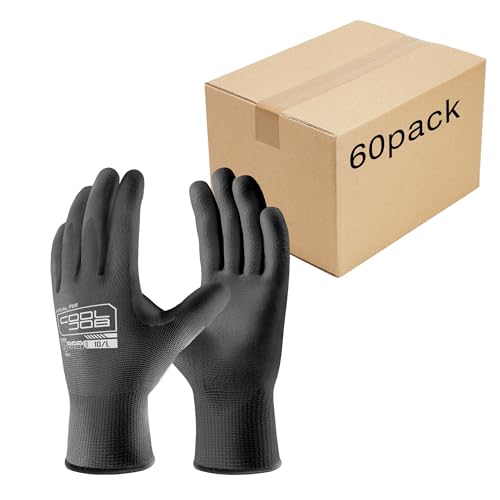 Image of COOLJOB 60 Pairs Safety Work Gloves Pack Bulk with Grip PU Coating | Breathable Lightweight Gloves with Polyurethane Dipped for Men Women, 13 Gauge Seamless Knit Thin Gloves, Black Medium