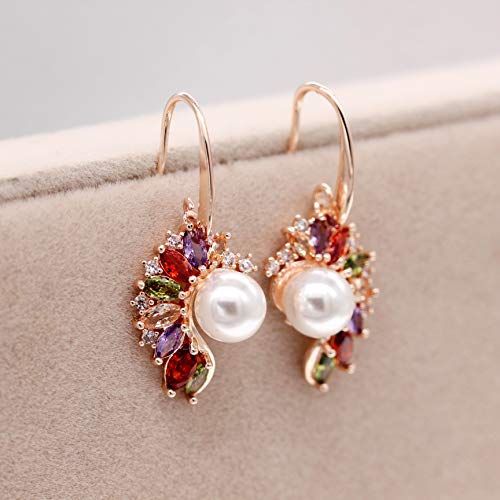 Uloveido Simulated Pearl Earrings Marquise Cut Cubic Zirconia Multicolor Peacock Earrings Rose Gold Plated Y6114