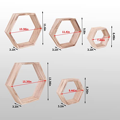 Wonfulity Hexagon Floating Shelves, Wall Mounted Wood Farmhouse Storage Honeycomb Shelves Set Of 5 Wall Shelf For Bathroom, Kitchen, Bedroom, Living Room,Driftwood Finish Wall Decor, Light Brown #TOP2