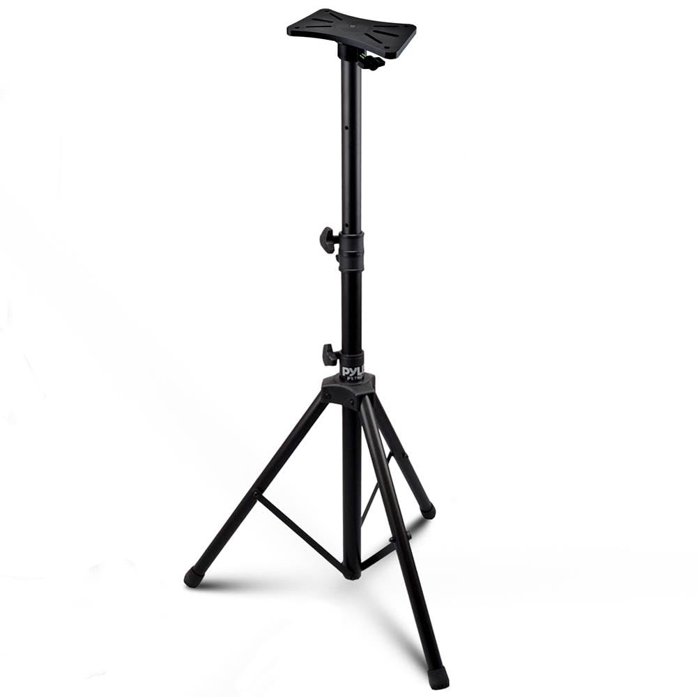Pyle Treppiede regolabile per altoparlante, 86 x 80 x 147 cm, pieghevole, supporto per altoparlante in acciaio con perno di bloccaggio, micro supporto per studio, musica, performance, registrazione