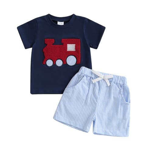 KtwHarnu Toddler Baby Boy Summer Clothes Train Engine Embroidery Short Sleeve T Shirt Plaid Shorts Set Infant 2 Piece Outfit (Blue 3-4 Years)