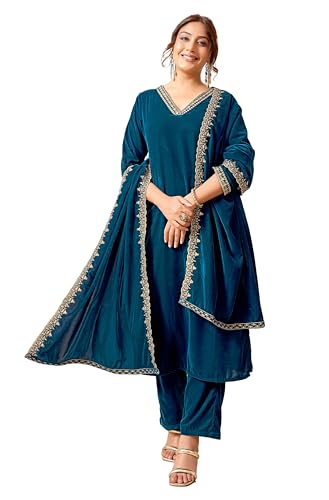 Janasya Women's Teal Blue Velvet Zari Embroidered Straight Kurta Set