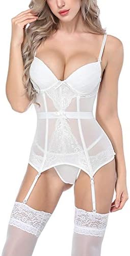 YKSH Sexy Lingerie Set for Women, 3 Pcs Lace Garter Belts Corset Bodysuits with Bodystocking and G-String (White)