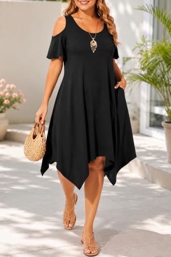 Image of Pinup Fashion Plus Size Summer Sundress Casual Flowy Cold Shoulder Dress