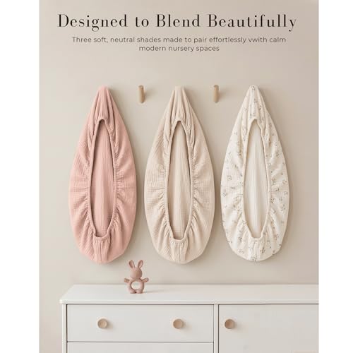 Image of MairMore 3 Pack Muslin Bassinet Sheets for Babies, Soft & Breathable 100% Cotton Fitted Sheets for Oval, Rectangle, Hourglass Bassinet Mattress Pads (Pink Blossom)