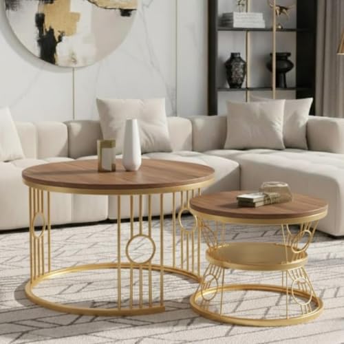 Image of Modern Nested Coffee Table Set of 2 | Round Marble Finish Tabletop with Metal Base | Luxury Center Table for Living Room, Lounge & Office (Ring Gold Brown)