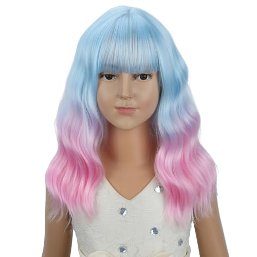 Image of PATTNIUM Girls Blue Ombre Pink Short Wavy Curly Wig with Bangs Kids Pink and Blue Bob Wigs Synthetic Halloween Costume Cosplay Party Wigs