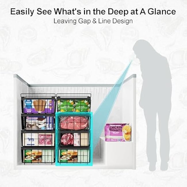 iSPECLE Freezer Organizer Bins - Fit 10 to 20 Cu.FT Deep Freezer, 4 Pack Large Expandable Stackable Chest Freezer Organizer Bins Sort Frozen Food and Easily Get without Digging in the Freezer, Black