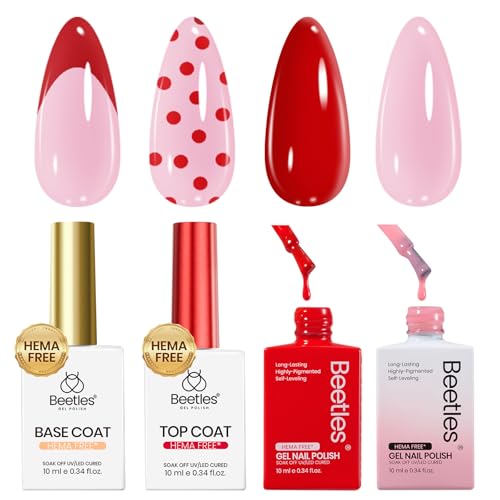 Image of Beetles French Gel Nail Polish Set, Dusky Rose Red Pink Manicure Kit with HEMA-Free Base Coat Top Long Lasting Soak Off UV LED Nail Art Set for Design Lovers