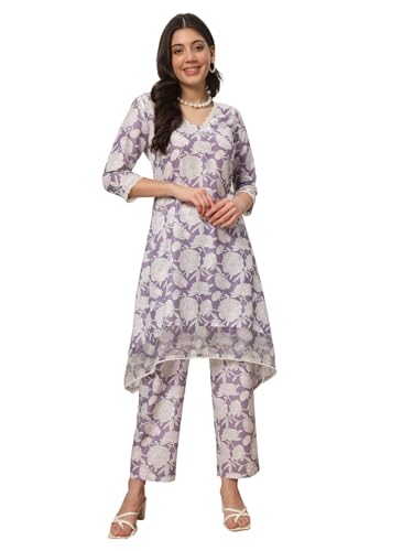 Image of FIORRA Women's Lavender Cotton Blend Printed Tunic with Pant Co-ords Set