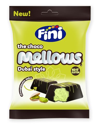 Fini - Choco Mellows | Nubes Cubiertas de Chocolate Rellenas de Pistacho, Estilo Dubai | Mallows ideales para Pascua, Navidades o Cumpleaños | Espumas Sin Gluten - 80g