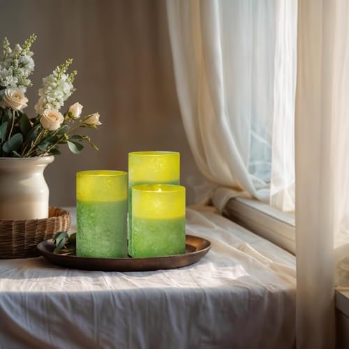 Image of Green Flameless Candles with Remote, Real Wax Battery Operated Candles with Timer, Set of 3 Electric LED Pillar Fake for Party Halloween Christmas Home Living Room Decor