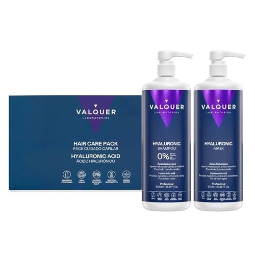 VALQUER Pack Ácido Hialurónico Champú Reparador y Mascarilla Capilar Fórmula Zero | Hidrata y Protege el Cabello Dañado y Seco con Aloe Vera y Keratina | Para Todo tipo de pelo | 1 L + 975 ml