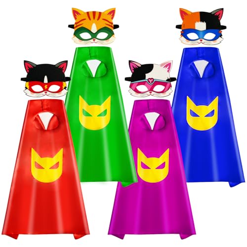 QCFDLCX 4 Sets Super Kitties Capes Mask for Kids,Super Kitty Show Costume, Fit for 4-12 Years Old Boy and Girls Dress Up and Holiday Costumes