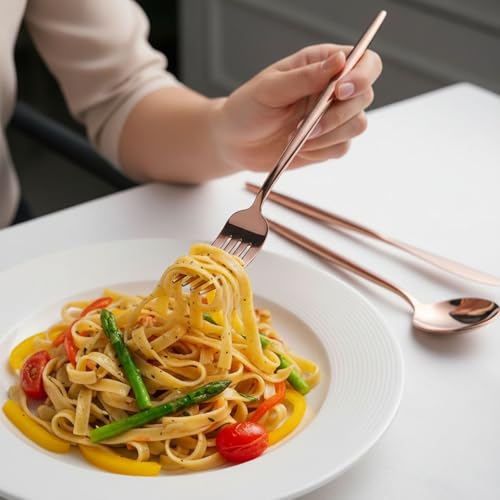 Image of Slim Handle Rose Gold 25 Pcs Stainless Steel Cutlery Set for Dining Table, Dishwasher Safe Glossy Flatware (5 Spoon Set+5 Forks Set+5 Butter Knife+5 Dessert Spoon+5 Fruit Fork)