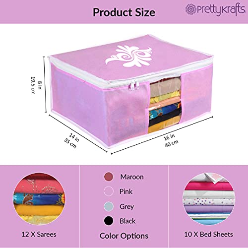 Image of PrettyKrafts Large Saree Cover With Creative Prints, Wardrobe Organiser, Clothes Cover & Storage, Zip Closure and Transparent Window | Clothes Storage Bag | Set of 12, Pink | Size: 40 x 35 x 20 cm