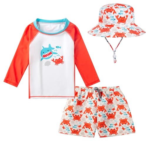 Image of Toddlers and Baby Boys' 3-Piece Swimsuit Trunk Rashguard Set and Sun Hat Swimwear Bathing Suit Sunsuit Swim Shirt UPF 50+
