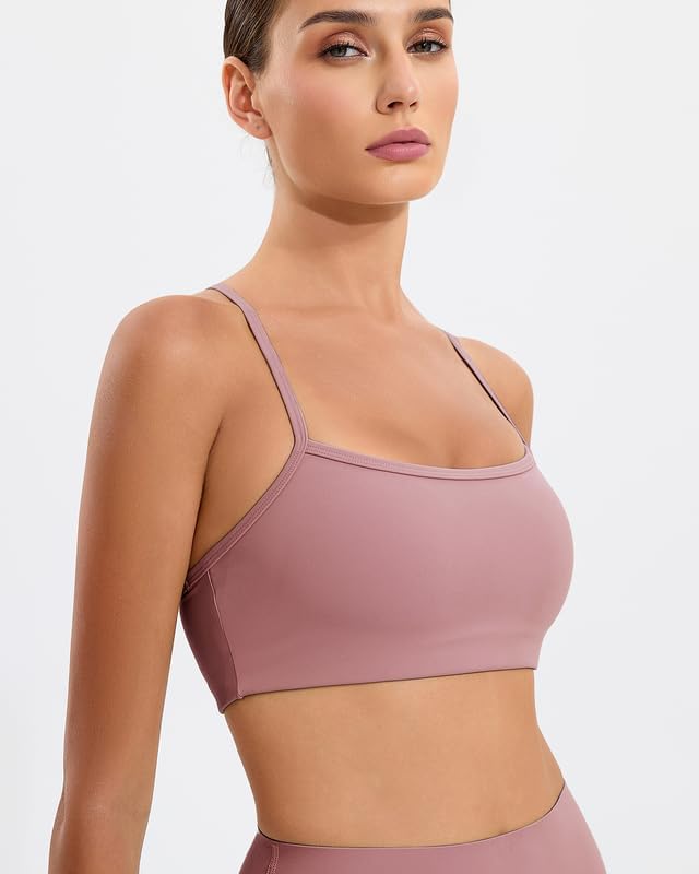 RIOJOY Sports Bras for Women, Racer Back Workout Gym Sports Bra, Thin Strap Sport Bra, Removable Pads Yoga Womens Sport Bras Pink - Image 5