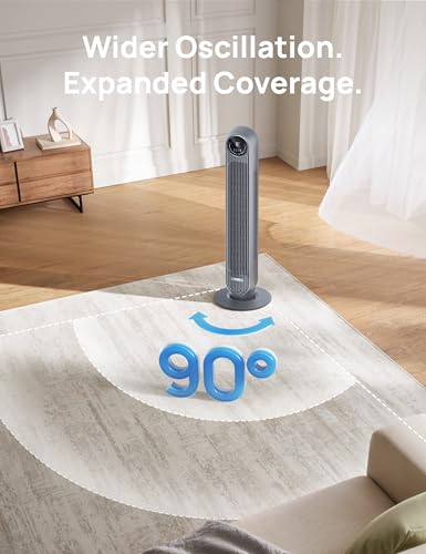 Image of DREO Tower Fan for Bedroom, 25ft /s Velocity Quiet Floor Fan, 90 Oscillating Fans for Indoors with 4 Speeds, 4 Modes, 8H Timer, Bladeless Fan, Standing Fans, Grey, Nomad One (DR-HTF007)
