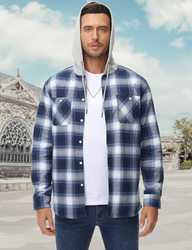 Image of MAGCOMSEN Men's Plaid Hooded Jacket Flannel Shirts Long Sleeve 4 Pockets Casual Button Down Shirts