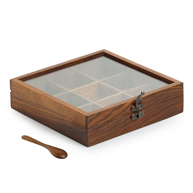 Boîte à épices Masala Dabba en bois de sheesham avec compartiments