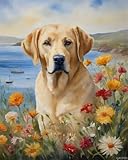 QACEYID Paint by Numbers for Adults Labrador Retriever and Flowers Painting by Number for Adults DIY Digital Painting for Beginners Wall Decor Drawing Gift, 40x50cm
