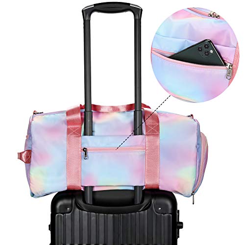 Womens Travel Bags Sport Gym Duffle Weekender Carry On Workout Duffel Overnight Shoulder Bag with Shoe Compartment (Rainbow Pink-D)