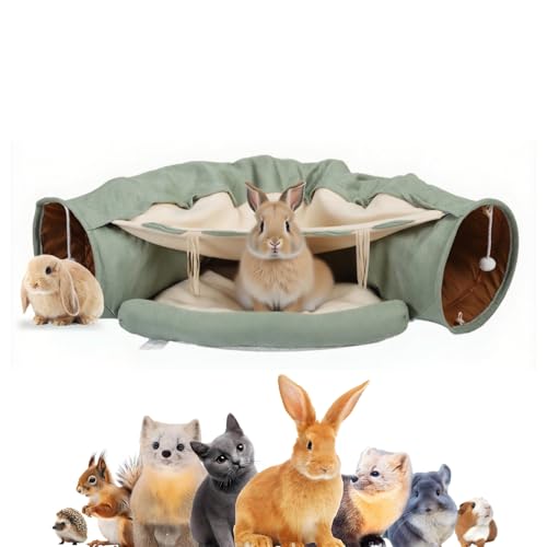 VelvetPaw 2-in-1 Foldable Matcha Bunny Tunnel & Pet Cushion Bed | Collapsible Hideout Toy with Removable Washable Soft Pad | Ideal for Rabbits Bunnies & Kittens - Indoor Rest Exercise & Play