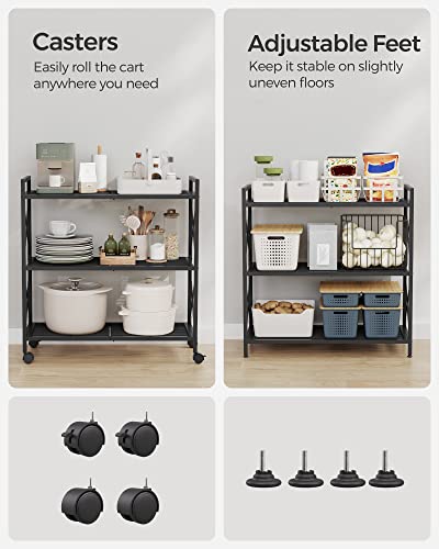 Image of SONGMICS 3-Tier Metal Storage Rack with Wheels, Mesh Shelving Unit with X Side Frames, 31.5-Inch Width, for Entryway, Kitchen, Living Room, Bathroom, Industrial Style, Black UBSC183B01