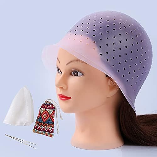MILANGE Pre-punched Highlight Cap 2 Sets (White and Purple) Open Holes Reusable Silicone Hair Highlighting Dye Cap with Hook Hair Caps for Highlights Professional Tipping Cap for Home and Salon Use