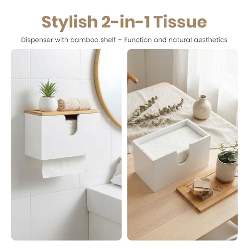 DTLLCZP Handtuchspender für Papierhandtücher aus Bambus -Papierhandtuchhalter Mit Wandhalterung oder bei Tisch, 27.5x16x13cm, Für C/Z- & H2-Tücher mit Magnetdeckel als Ablage - in Weiß
