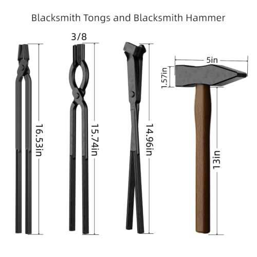 Image of 4PCS Blacksmith Tongs & Hammer Set for Knife Making, 3 /8 inch V-Bit Bolt, V-Bit Blade, Flat Tongs and Forging Hammer, High Carbon Steel Tools for Bladesmithing