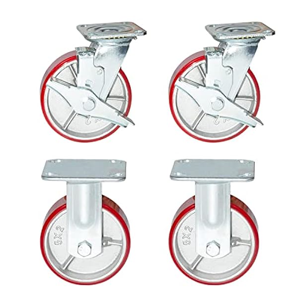 Nisorpa Juego de 4 ruedas giratorias de 12,7 cm, ruedas giratorias de metal de poliuretano con frenos y ruedas fijas de hierro fundido para remolques industriales, muebles