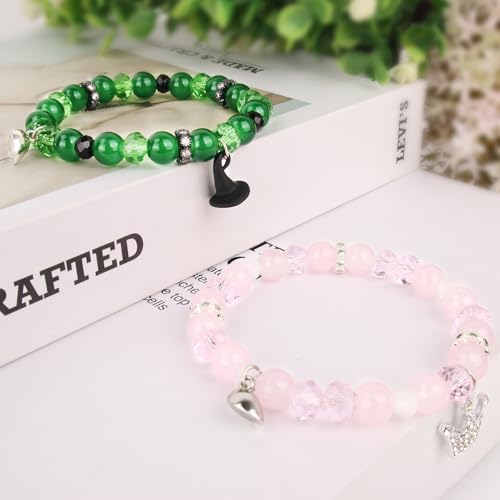 AULEEP Matching Bracelets Wicked Merch for Friends Crystal Beads Bracelet Friendship, Elphaba Doll Wicked Gifts Healing Natural Stones 8mm, Birthday Gifts for Women Couples Pink and Green4