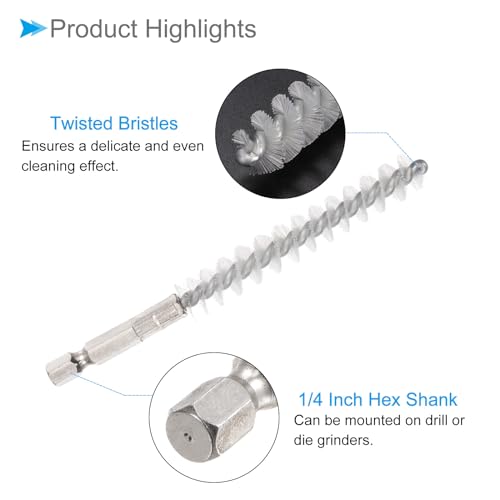 Image of Bore Brush, 10mm Dia 72mm Length, Nylon Twisted Cleaning Wire Brushes with 1 /4 inch Hex Shank - (Applications: for Power Drill), 3-Pieces