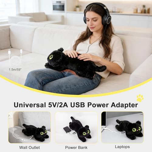 Image of Black Cat Heating Pad Plush, Cute Stuffed Animal Electric Heating Pad, USB Powered Heated Plush with 3 Heat Levels & Timer, Soft Warm Cat Pillow Cushion Gift for Women Teen Girls Christmas