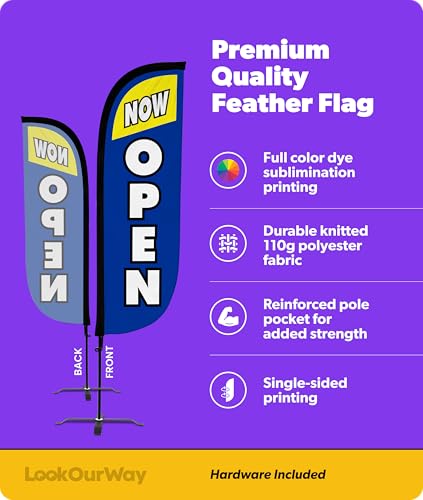 Image of LookOurWay Feather Flag Set - 5ft Tall Advertising Banner Flag with Pole Kit and X-Stand for Business Promotion - Now Open Blue /Yellow