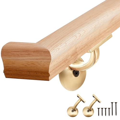 Maasechs 6010 Red Oak Handrail Kit 6 ft with Wall Returns and Wall Mount Brackets Indoor Wood Stairs Handrails Included Screws for Bars Home Corridor Lofts(Brass 90 Angle)