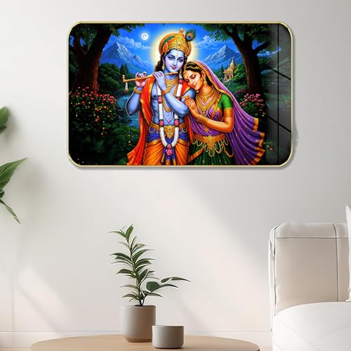 Image of Masstone Radha Krishna Crystal Embedded High Gloss Wall Painting, Golden Slim Frame, 45x30 Cm Wall Art for Living Room, Bedroom, Office & Home Decor (HG01)