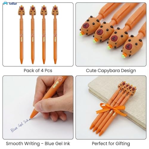Image of FunBlast Gel Pens for Writing, 5 Pcs Gel Pen & 1 Pcs Highlighter Pen, with Comfortable Grip for Smooth Writing, Kawaii Pens, Stationery for School & Office (Blue Ink) (Capybara)