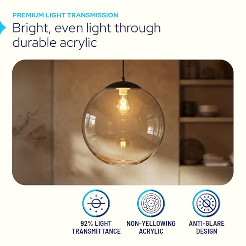 Image of KASTLITE 12 inch Acrylic Globe Pendant Light Fixture, 8W 3000K Filament LED Bulb, Ceiling Mount - Kitchen Pendant Lighting Over Island, Hanging Dining Light, Living Room Lamp - Bronze Shade, Black Base